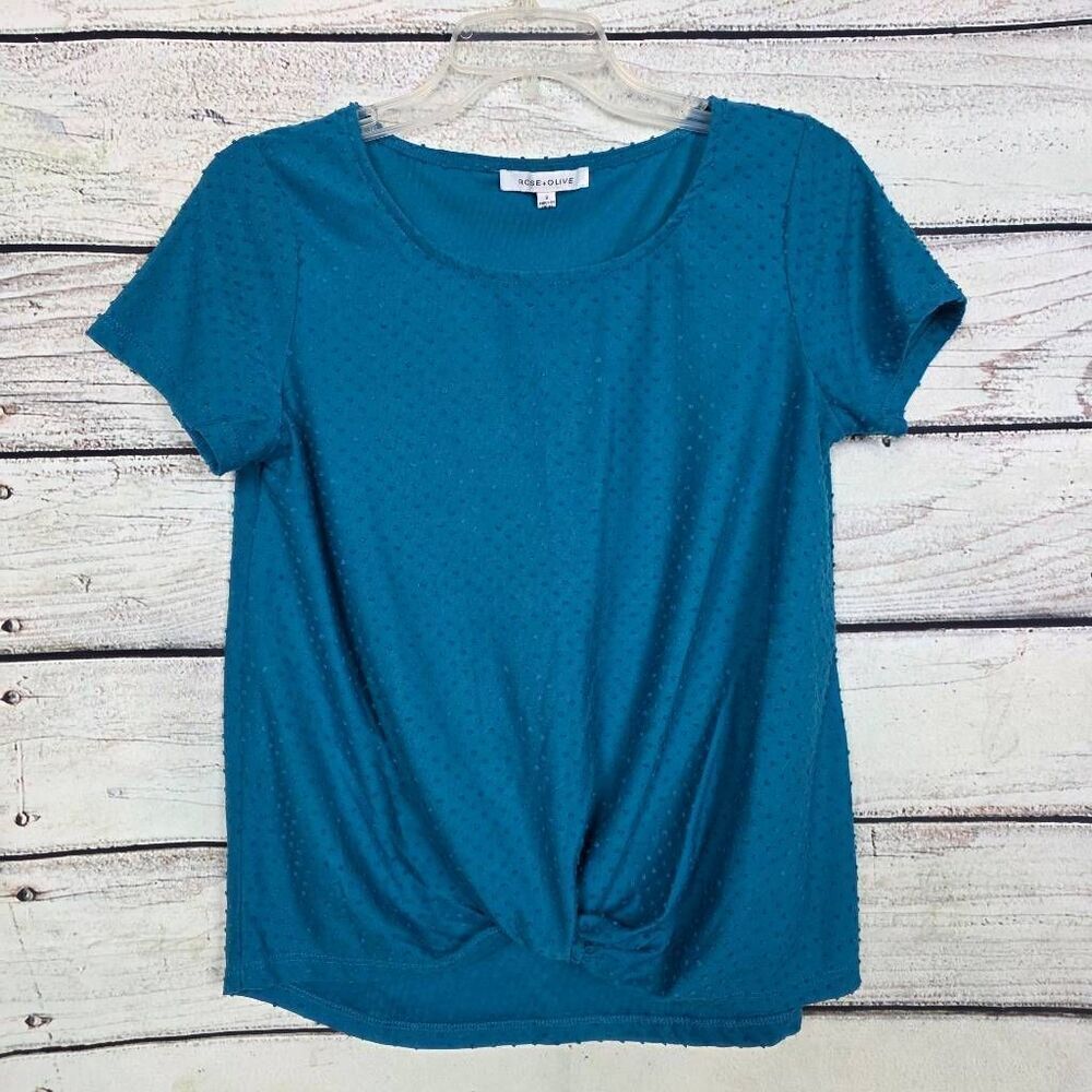 Rose + Olive S Teal Swiss Dot Twist Front Top